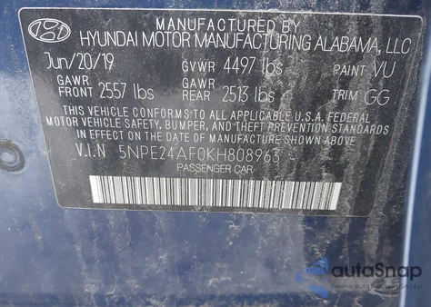 2019 Hyundai Sonata Se z USA, uszkodzony, nr VIN 5NPE24AF0KH808963